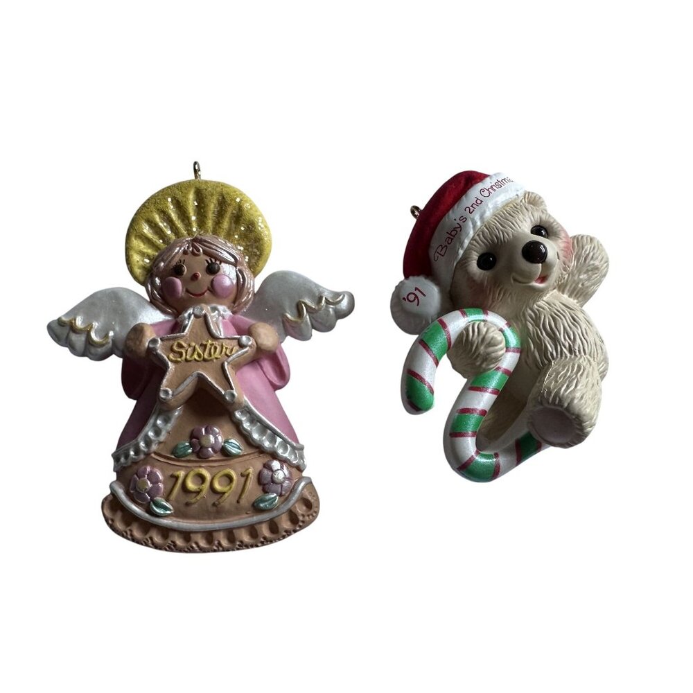 Vtg Hallmark Christmas Ornaments Sister 1991 & Baby's Second Christmas 1989